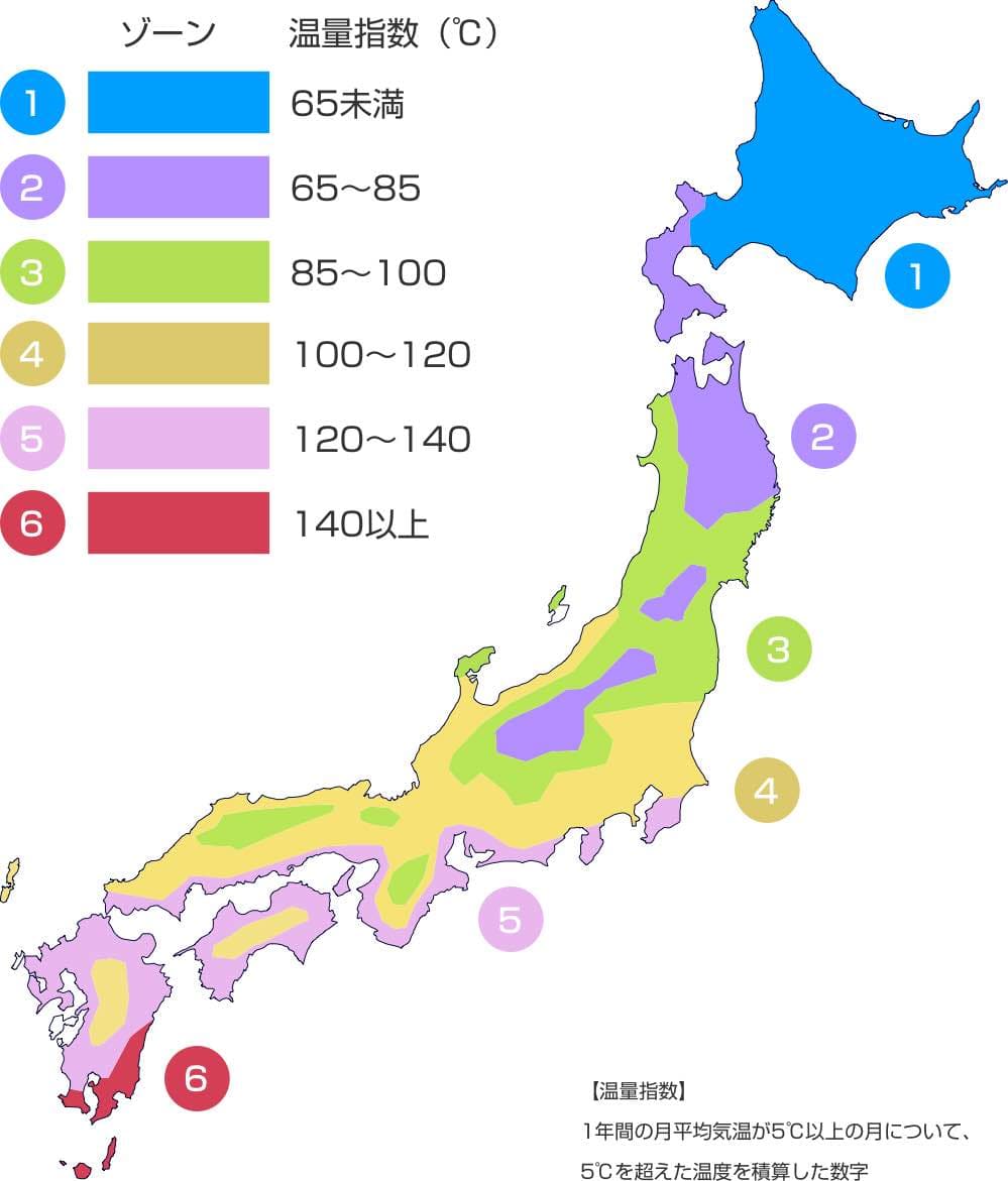 温量指数による芝生の植栽ゾーン